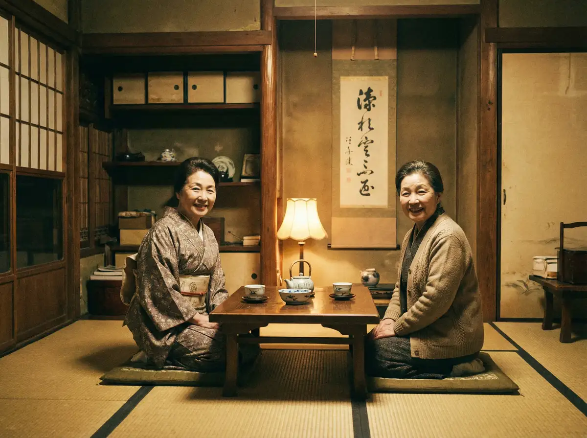 两位优雅的 飞龙平台 在日式茶室中品茶交谈